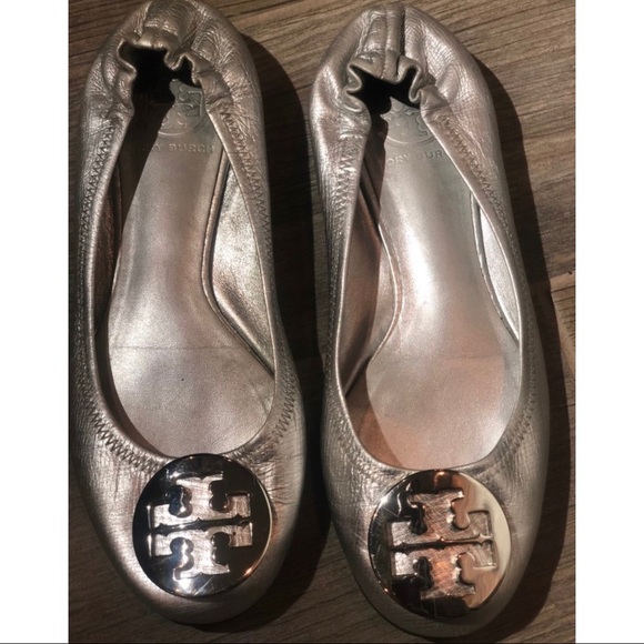 Tory Burch Shoes - Tory Burch Reva Leather Flats, Silver; Size 6M